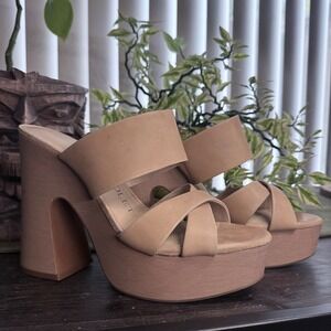 Chelsea + Violet Tall Chunky Platform Mule Sandals Tan Leather Straps 12M